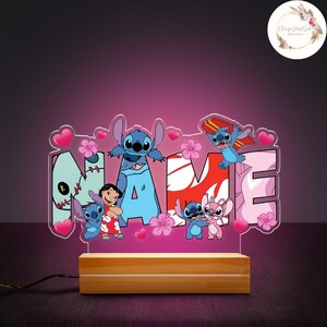 Custom Name Disney Lilo & Stitch Night Light, Disney Stitch Birthday Boy Gift, Ohana Means Family Room Decor, Stitch Angel Couple Gifts Lamp image 2