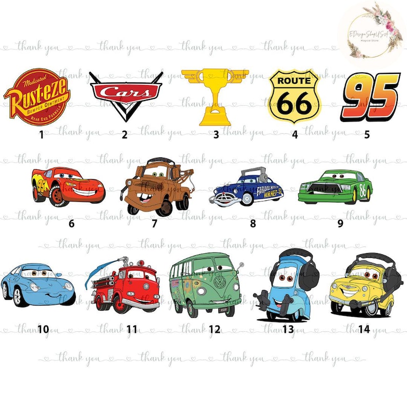Puede incluir: Una colecci&oacute;n de dise&ntilde;os de coches de dibujos animados coloridos, incluyendo a Rayo McQueen, Mate y otros personajes de la pel&iacute;cula Cars. Tambi&eacute;n incluye el letrero de la Ruta 66 y el n&uacute;mero 95.