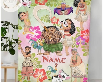 Personalized Watercolor Disney Moana Blanket, Baby Girl Princess Moana Birthday Girl Gift, WDW Disneyland Maui Hei Hei Tamatoa Family Decor