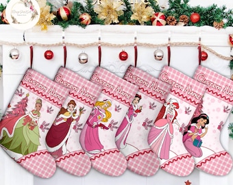 Personalized Pink Disney Princesses Christmas Stocking, Disney Christmas Stockings With Name, Xmas Princess Gifts, Pink Plaid Christmas Gift