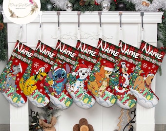 Personalized Multi-character Disney Dogs Cats Disney Christmas Stockings, Buffalo Plaid Stockings With Name, Lady & The Tramp stocking