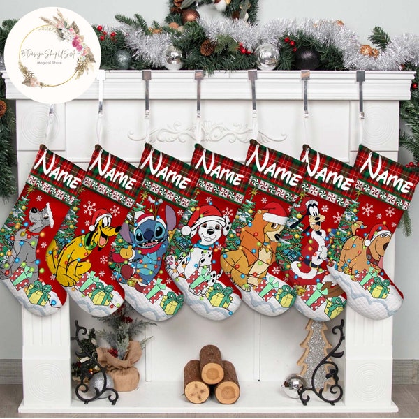 Personalized Multi-character Disney Dogs Cats Disney Christmas Stockings, Buffalo Plaid Stockings With Name, Lady & The Tramp stocking