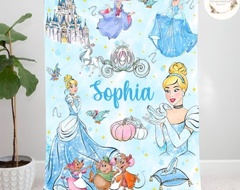 Personalized Disney Princess Cinderella Blanket, Custom Name Baby Girl Blanket, Watercolor Disney Princess Blanket, Birthday Girl Gift