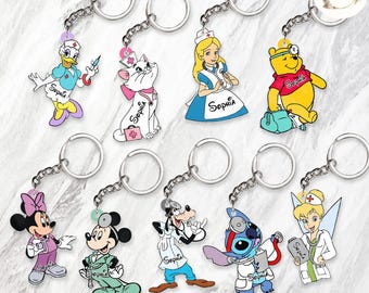 Personalized All Characters Disney Nurse Keychain, Mickey & Friends Winnie The Pooh Stitch Nursing Graduation Gift, Gift For Nurse Christmas