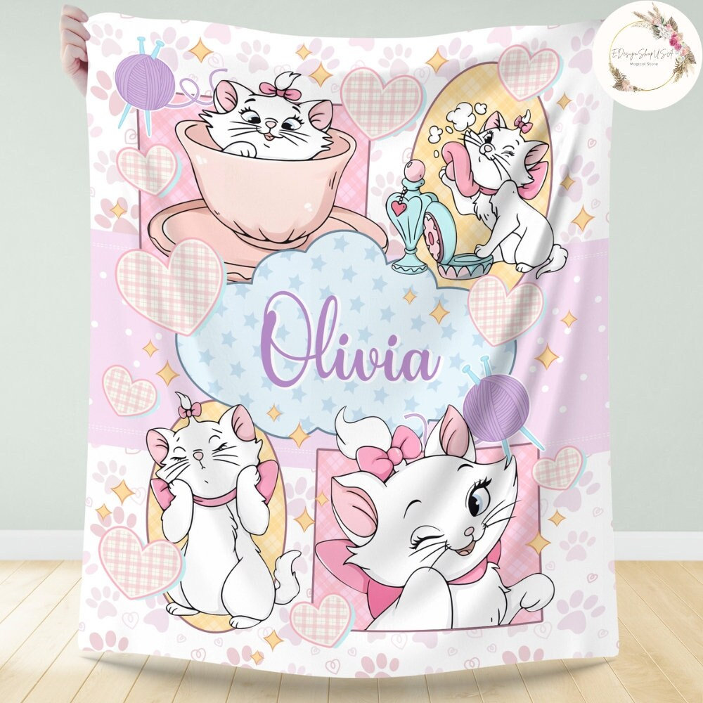 Personalized Disney The Aristocats Marie Blanket, Custom Name Cat Lovers Baby Girl Blanket, Life Is Better With A Cat, Cat Mom Dad Gifts