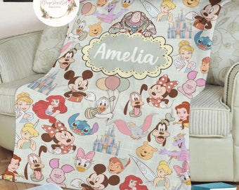 Personalized Disney Mickey & friends castle Stitch Pooh Blanket, Custom Name Disney Blanket, Woody Toy Story Blanket, Gift for Boy or Girl
