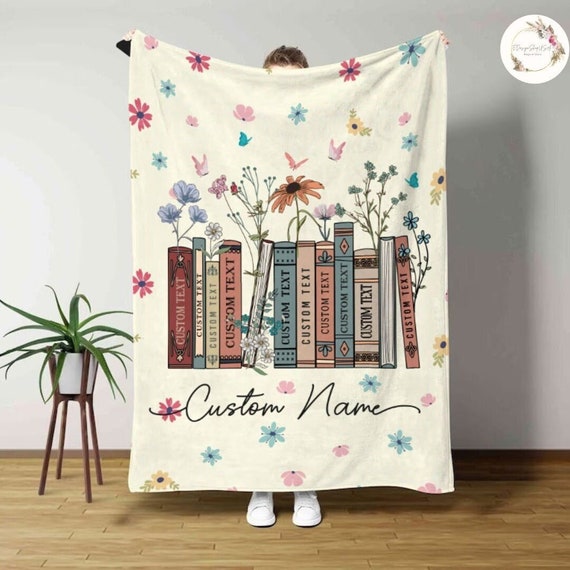 Personalized Floral Book Blanket, Custom Books & Name Library Gift for Book Lover, Favorite Book Blanket, Bookish Reader Birthday Gift Decor