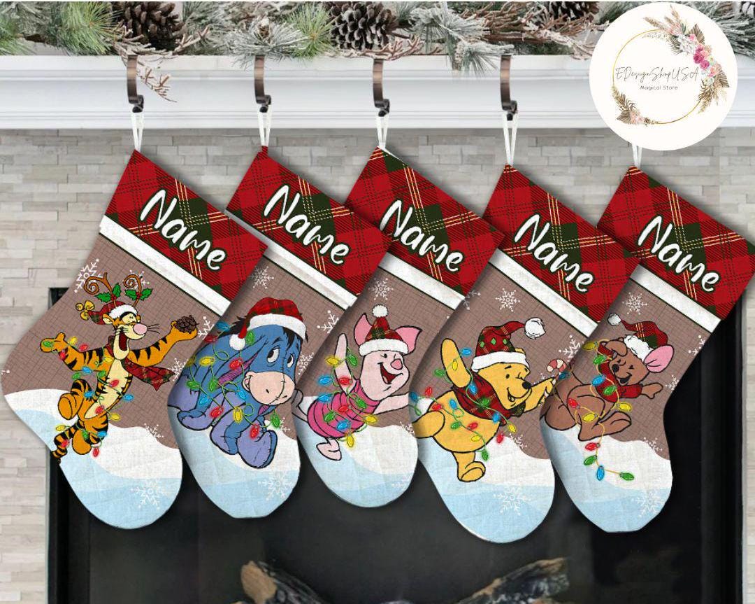Personalized Winnie The Pooh Santa Hat Disney Christmas Stockings, Pooh Bear Family Christmas Stockings With Name, Piglet Tigger Eeyore Roo