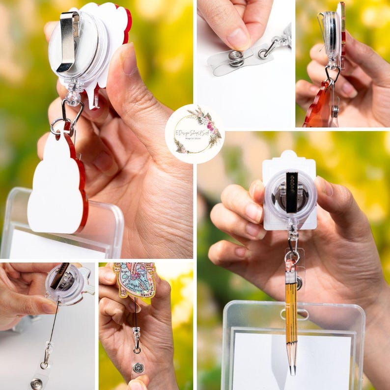 Puede incluir: Una colecci&oacute;n de portatarjetas retr&aacute;ctiles con varios dise&ntilde;os. Uno presenta una forma de nube blanca y roja, otro un l&aacute;piz y otro un diagrama de coraz&oacute;n. Cada soporte tiene un porta-identificaci&oacute;n de pl&aacute;stico transparente y un clip met&aacute;lico.