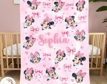 Personalized Watercolor Minnie Mouse Blanket, Custom Name Disney Minnie Blanket, Disney Blankets, Minnie Birthday Gifts, Kid Name Blanket