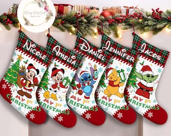 Personalized My 1st Christmas Stocking, Disney Mickey Minnie Stitch Pooh First Christmas Stockings, Buffalo Plaid Stocking, Christmas gifts