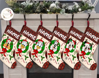 Personalized Mickey & Friends Christmas Wreaths Stocking, Buffalo Plaid Disney Christmas Stockings, Xmas Stockings With Name, Christmas Gift
