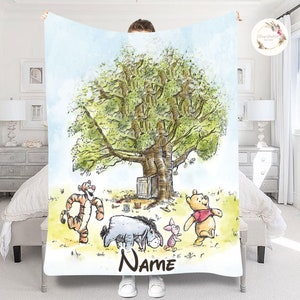 Personalized Watercolor Winnie the Pooh Blanket, WDW Disneyland Pooh Bear and Friends Sketch Birthday Gift, Disney Family Kids Adult Blanket