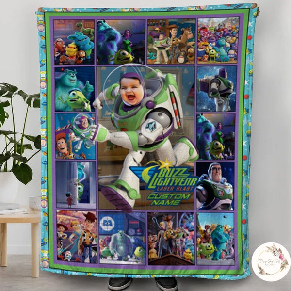 Custom Cartoon Blanket with Face, Kids Toy Story Blanket, Buzz Lightyear Blanket, Personalized Disney Baby Blanket, Toy Story Party birthday