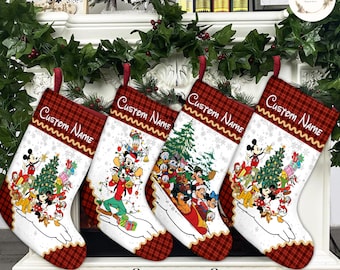 Personalized Mickey & friends Pooh Disney Christmas Stockings, Buffalo Plaid Christmas Stockings With Name, Disney Family Christmas Gifts