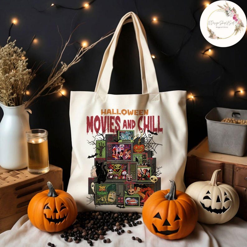 May include: A cream-colored tote bag with the words "Halloween Movies and Chill" in red and black. The bag features a collage of Halloween-themed movie scenes. Two orange jack-o'-lanterns and a white pumpkin are in front of the bag.