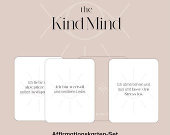 May include: Three affirmation cards with white backgrounds and black text. The text on the cards reads: "I love and accept myself unconditionally", "I am valuable and deserve love", and "I breathe in deeply and release stress". The cards are part of a set called "The Kind Mind Affirmation Cards".