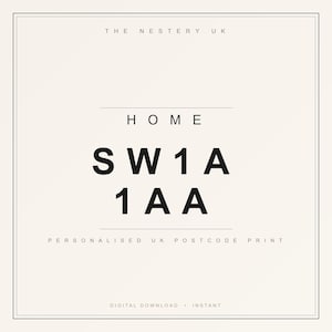 May include: A digital print with a cream background and a black border. The text includes "HOME" above "SW1A 1AA", and "PERSONALISED UK POSTCODE PRINT" below. The top of the print reads "THE NESTERY UK".