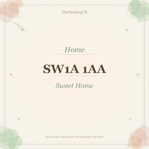 May include: A cream-colored print with the text "Home", the postcode "SW1A 1AA", and "Sweet Home". The print also includes the text "Watercolour Botanical • Personalised UK Print" and the logo "TheNesteryUK".
