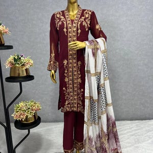 Pakistani Designer Chinon Silk fully embroidered Sequence Work Readymade Salwar Kameez Stitched Wedding Wear Suits