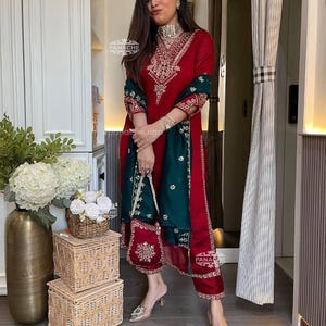 Pakistani Designer Chinon Silk fully embroidered Sequence Work Readymade Salwar Kameez Stitched Wedding Wear Suits