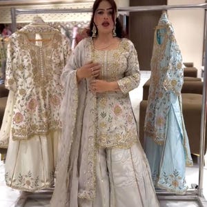 Pakistani Designer Chinon Silk fully embroidered Sequence Work Readymade Salwar Kameez Stitched Wedding Wear Suits