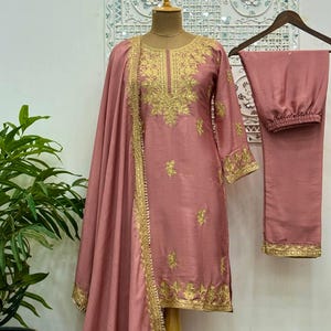 Pakistani Designer Chinon Silk fully embroidered Sequence Work Readymade Salwar Kameez Stitched Wedding Wear Suits