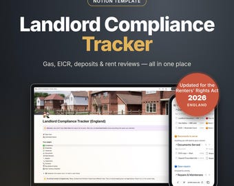 Puede incluir: Una plantilla de Notion titulada Landlord Compliance Tracker para gestionar gas, EICR, depósitos y revisiones de alquiler. La pantalla muestra una interfaz de portátil y móvil con un panel de control, actualizada para la ley de 2026.