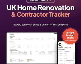 Puede incluir: Una plantilla de Notion titulada UK Home Renovation & Contractor Tracker mostrada en una pantalla de portátil y smartphone. La interfaz muestra paneles de proyectos, presupuestos de habitaciones, seguimiento de pagos y una lista de tareas pendientes.