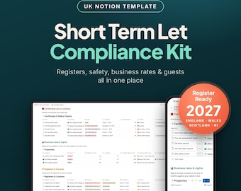 Puede incluir: Una plantilla digital de Notion para el cumplimiento de alquileres a corto plazo en el Reino Unido, mostrada en un portátil y un smartphone. La interfaz incluye secciones para certificados, seguridad, tasas y registros.