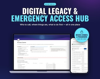 Puede incluir: Una plantilla de Notion titulada Digital Legacy & Emergency Access Hub mostrada en la pantalla de una computadora portátil y un teléfono inteligente. La interfaz muestra un centro de acceso con categorías, listas de verificación y un registro de activos. Una insignia indica: Never stores a password.