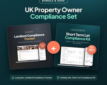 Puede incluir: Un paquete digital que incluye un conjunto de cumplimiento para propietarios en el Reino Unido, con un rastreador de cumplimiento para arrendadores y un kit para alquileres a corto plazo, mostrando dispositivos móviles y portátiles con sellos 2028 y 2027.