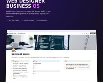 Puede incluir: Una plantilla de Notion titulada Web Designer Business OS con un panel de control Command Centre. La interfaz muestra categorías para renovaciones, pipeline, clientes, proyectos, auditorías de sitios web y plantillas.