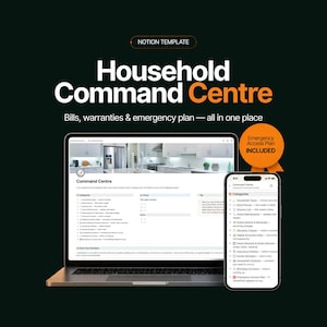 May include: A Notion template titled Household Command Centre for bills, warranties, and emergency plans. The display shows a laptop and smartphone screen with a dashboard interface featuring categories like meal planning, grocery lists, and home maintenance.