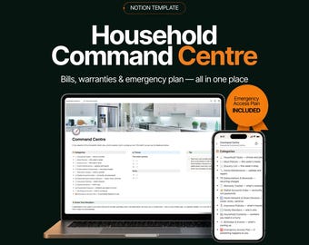 Puede incluir: Una plantilla de Notion titulada Household Command Centre para facturas, garantías y planes de emergencia. La pantalla muestra un portátil y un smartphone con una interfaz de panel que incluye categorías de gestión del hogar y tareas.