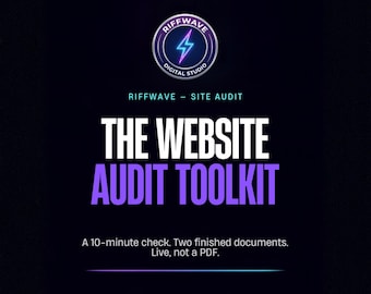 Puede incluir: Un gráfico digital para Riffwave Digital Studio con un logotipo circular y un rayo azul. El texto dice: Riffwave - Site Audit, The Website Audit Toolkit, A 10-minute check. Two finished documents. Live, not a PDF.