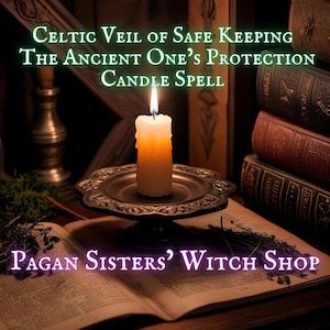 May include: A burning ivory candle on a decorative silver plate, with the text "Celtic Veil of Safe Keeping" and "Pagan Sisters' Witch Shop". The candle is placed on an open book, with a stack of old books in the background.
