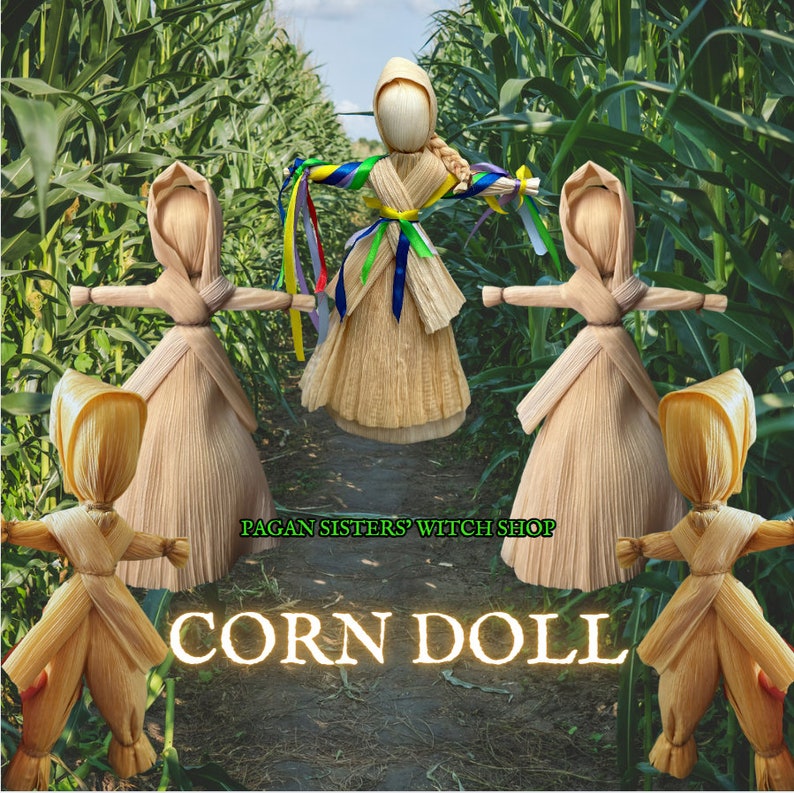 May include: Four handmade corn husk dolls, two with arms outstretched and two with arms crossed, standing in a row on a path in a cornfield. The dolls are made of natural corn husks and have simple features. The text "CORN DOLL" is printed in large, yellow letters on the path in front of the dolls.