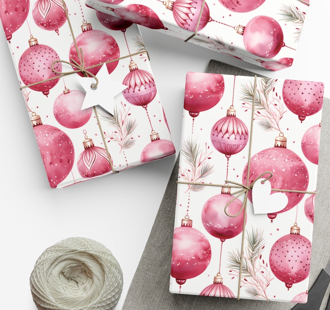Pink Christmas Ornaments Wrapping Paper, Pink Gift Wrap, Pink Ornament