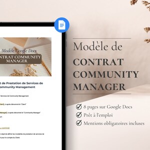 Peut inclure: Modèle de contrat de Community Manager disponible sur Google Docs. Le document comprend 8 pages, est prêt à l'emploi et inclut des clauses obligatoires.