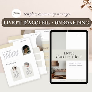 Op de afbeelding: Een digitale tablet die een sjabloon voor een welkomstboekje voor het onboardingproces van klanten weergeeft. De sjabloon heeft een lichtgrijze achtergrond met de tekst "Livret d'accueil client" in zwart. De tekst "Réalisé par Nom & Prénom" en "Pour Entreprise: Hello Marque" is ook opgenomen in de sjabloon.