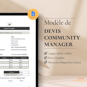 Peut inclure: Un modèle de devis pour un community manager. Le modèle est blanc et bleu avec une coche à côté du texte "2 pages faciles à éditer", "Prêt à l'emploi" et "Mentions obligatoires incluses". Le texte "Modèle de devis Community Manager" est en haut du modèle.