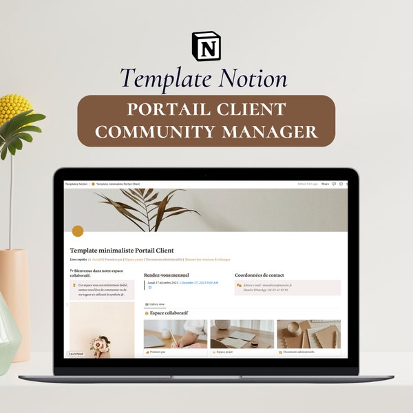 Template minimaliste portail client Notion | Template Notion Community manager |  Modèle espace client Notion | Espace collaboratif CM