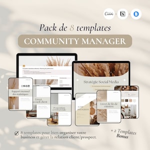 May include: A set of eight digital templates for community managers, featuring a beige and brown colour scheme with illustrations of dried grass. The templates include a monthly report, client welcome booklet, social media strategy, Instagram audit, commercial proposal, and end-of-mission booklet. The text on the image reads "Pack de 8 templates COMMUNITY MANAGER".
