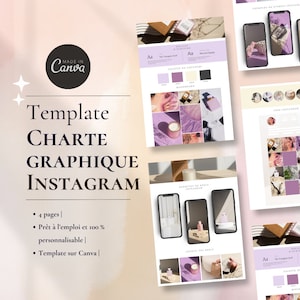 May include: A Canva template design for Instagram, featuring a purple and white color scheme. The design includes mockups of phone screens, mood boards, and text elements. Text on the design includes "Template Charte Graphique Instagram" and "Made in Canva."