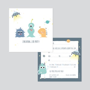 EINLADUNG Monster Aliens - Kindergeburtstag - quadratisch 13,5 x 13,5 cm - 10er Set