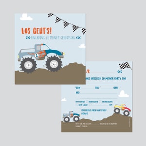 EINLADUNG Monstertruck Jeep - Kindergeburtstag - quadratisch 13,5 x 13,5 cm - 10er Set