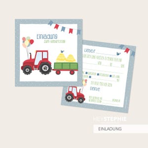 EINLADUNG Traktor - Kindergeburtstag - quadratisch 13,5 x 13,5 cm - 10er Set