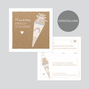 SCHULE EINLADUNG Regenbogen (Kraftpapieroptik) - Einschulung - 5er Set - 13,5 x 13,5 cm