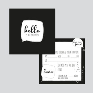 EINLADUNG hello (s/w) - Kindergeburtstag - quadratisch 13,5 x 13,5 cm - 10er Set - schlichte Einladungskarten